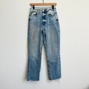 Zara High Rise Straight Leg‎ Jeans 6 Blue Light Wash Raw Hem Denim Casual